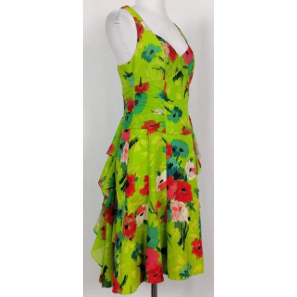 Nanette Lepore Green Floral Flare Dress with Ruffle Detail - STUNNING!